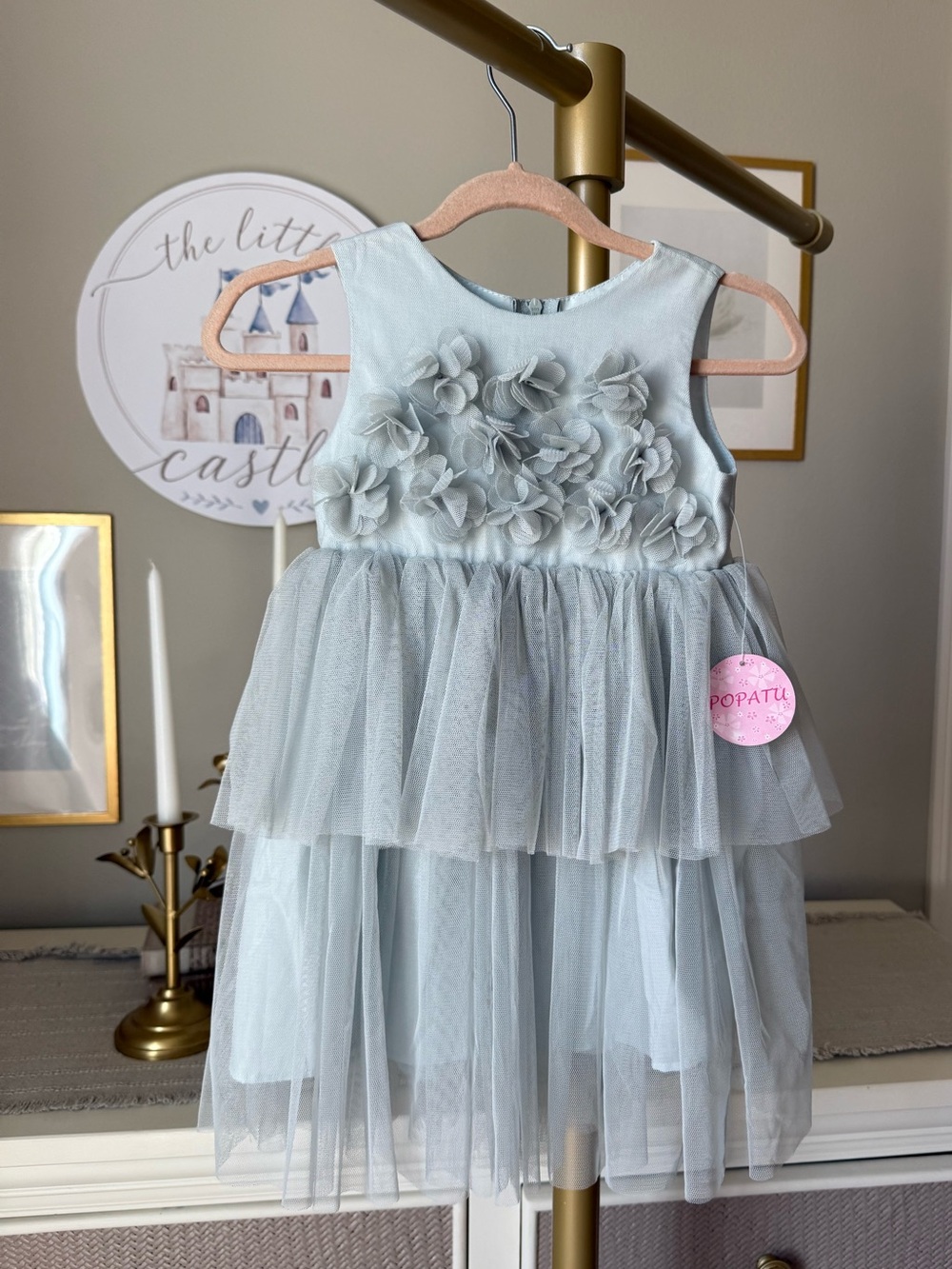 Popatu Girls' Light Blue Floral Tulle Party Dress